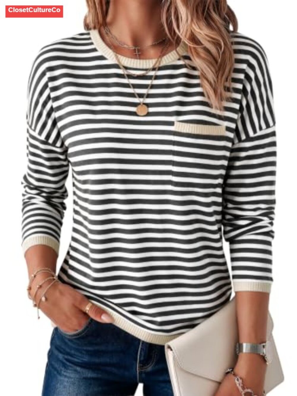 Womens Striped Lightweight Cotton Knit Oversized Crewneck Sweater Pullover